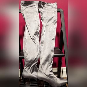 Fluevog "Tasty Vogs" Petula thigh high boots in metallic silver, size 7